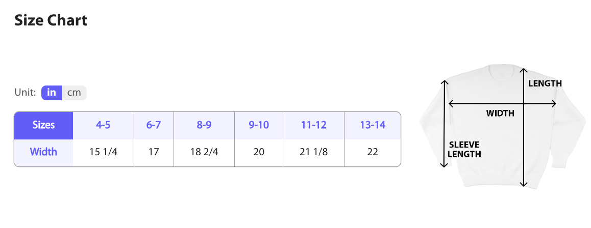 Size chart for a garment with measurements in inches and centimeters, showing sleeve length and width.