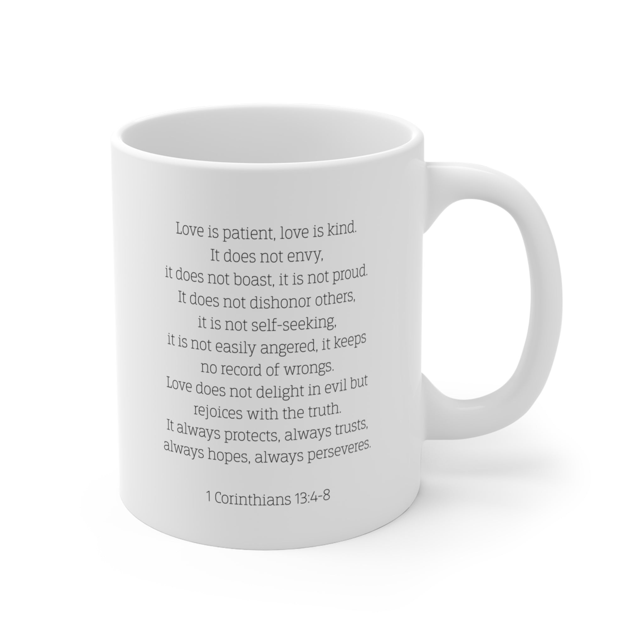 Back of white mug with the Biblical verse 1 Corinthians 13:4-9