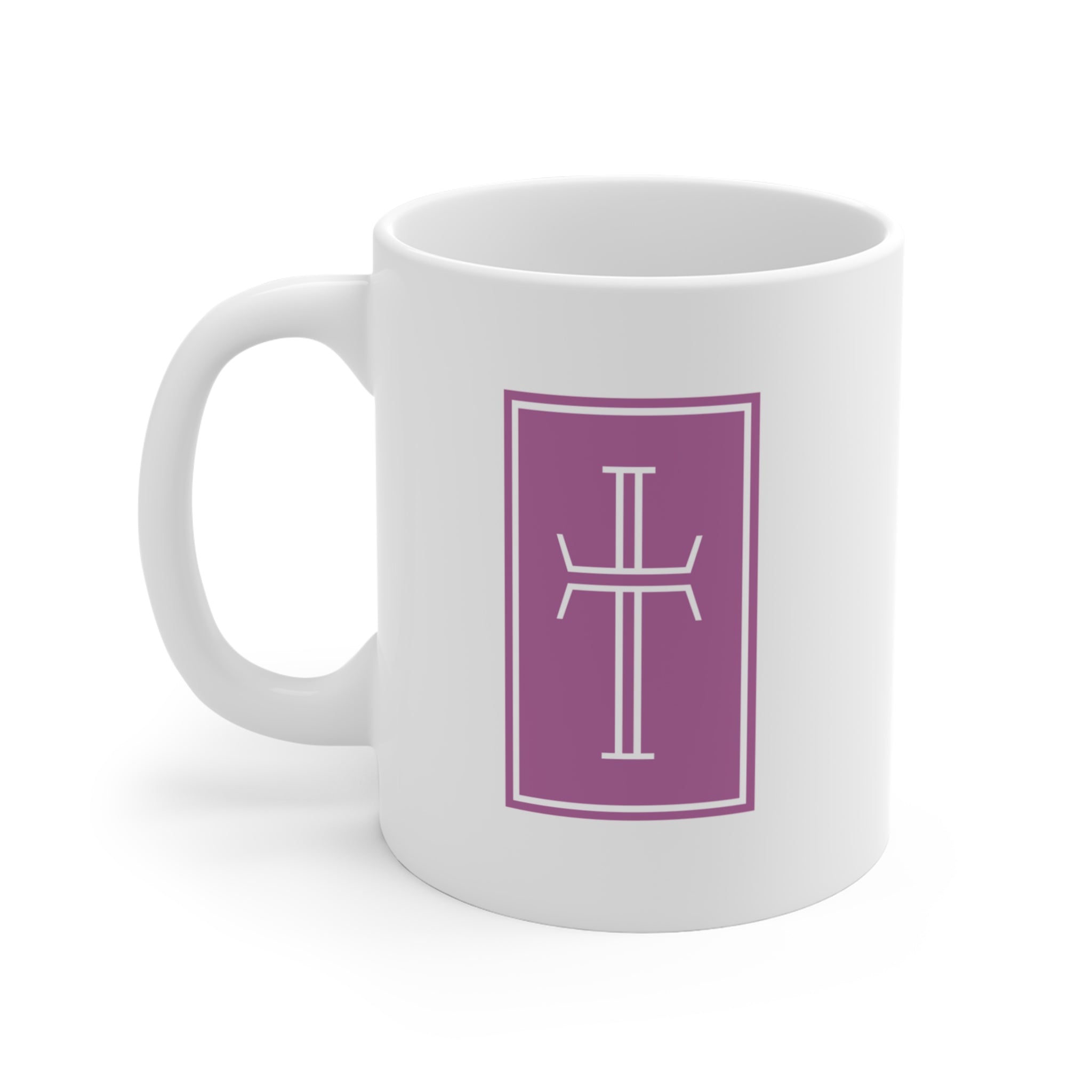 Front of white mug with a white cross on an amethyst background