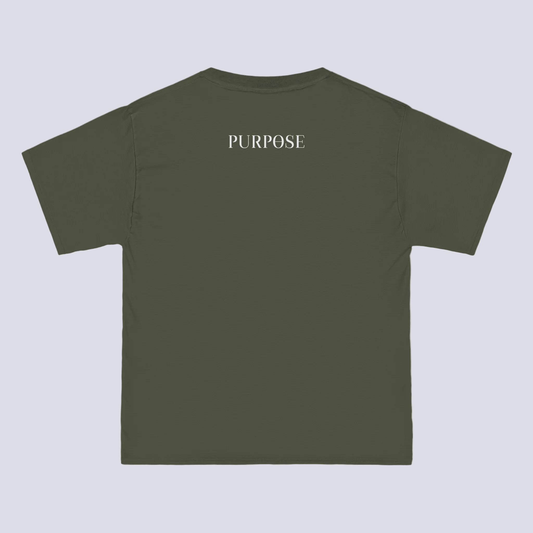 An olive green short-sleeve t-shirt with the word 'PURPOSE' printed in white capital letters across the upper back, displayed on a solid white background.