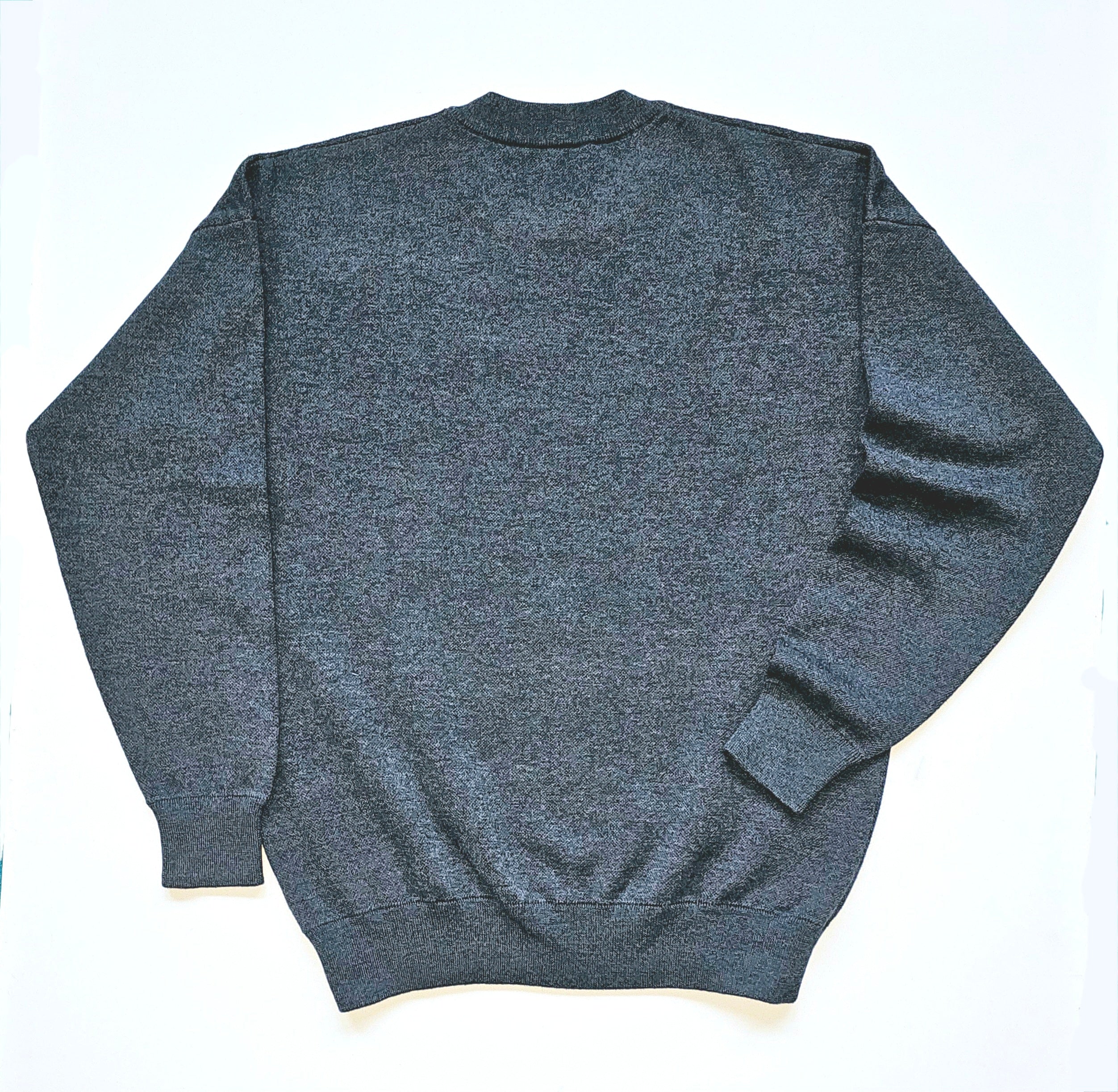 The back side of the marled navy blue sweater.