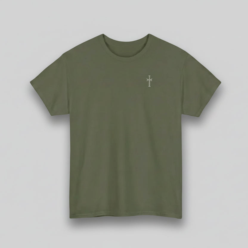 Military green t-shirt with white cross on a gray background