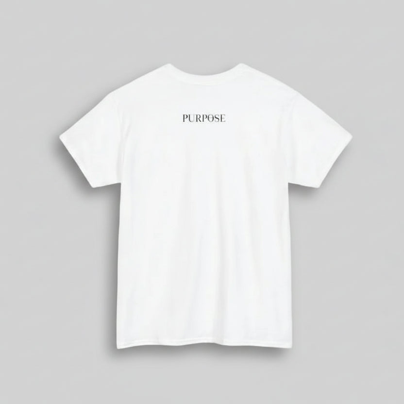 White t-shirt with 'Purpose' printed on the back against a gray background