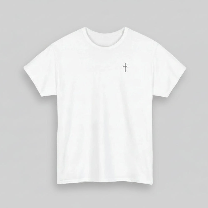 White t-shirt with a black cross logo on a white background