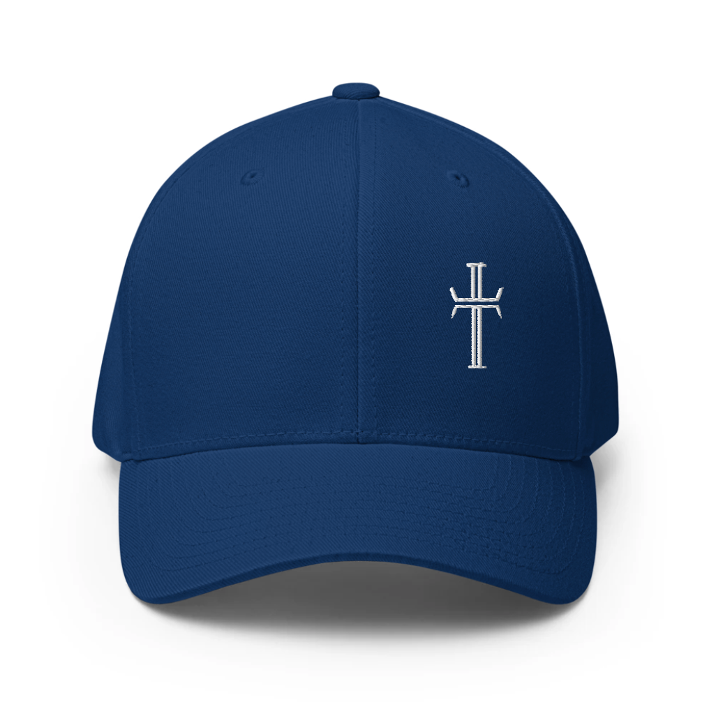 Royal blue cap with a white emblem on a white background