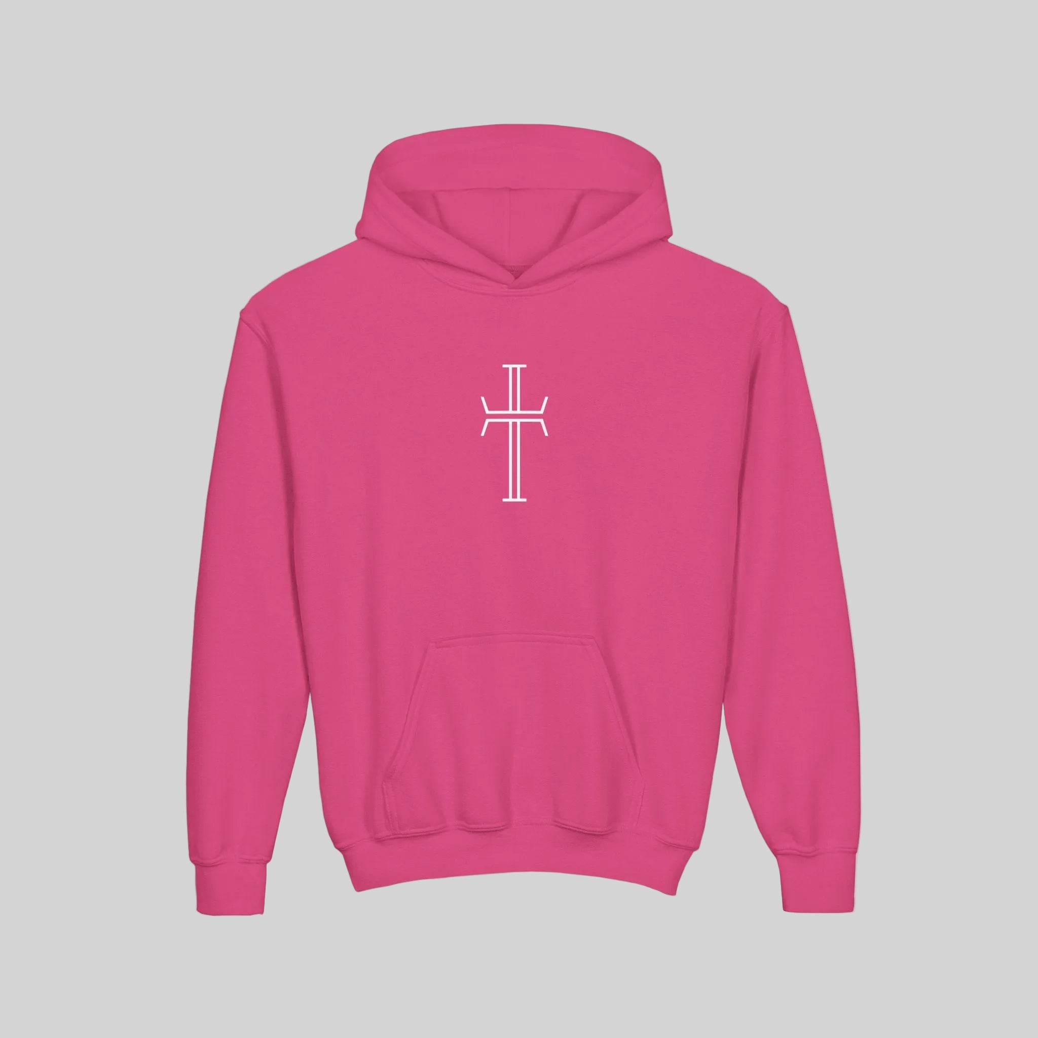 Dark pink hoodie with cross graphic on a light background