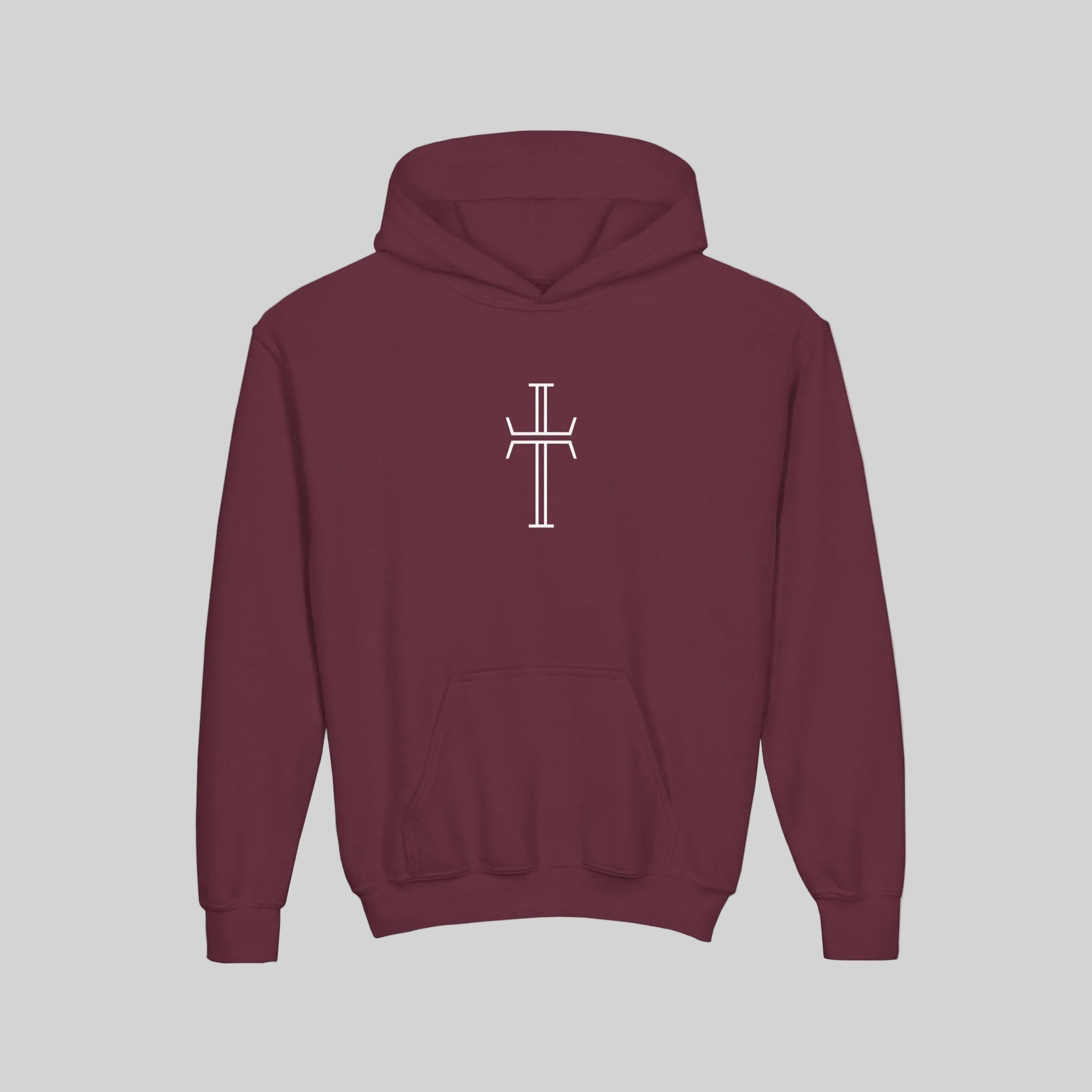 Maroon hoodie with cross graphic on a light background