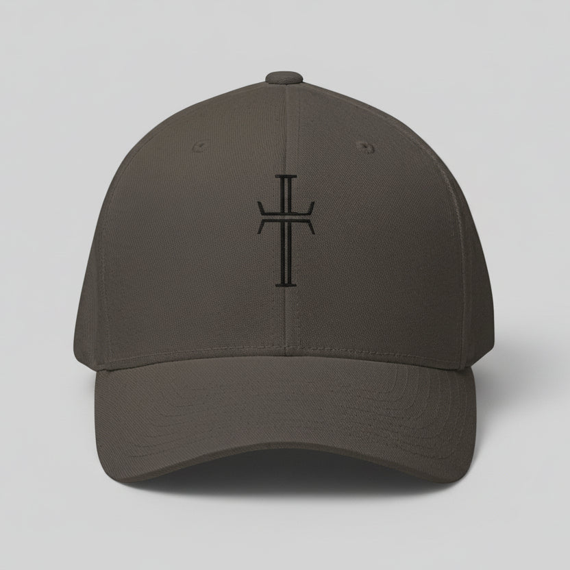 Front view of a dark gray-colored, 6-panel baseball cap displaying the Purpose cross logo in black embroidery at the center front.