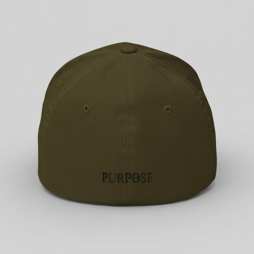 Back view of an olive, 6-panel baseball cap displaying the Purpose worded logo embroidered at the back center.