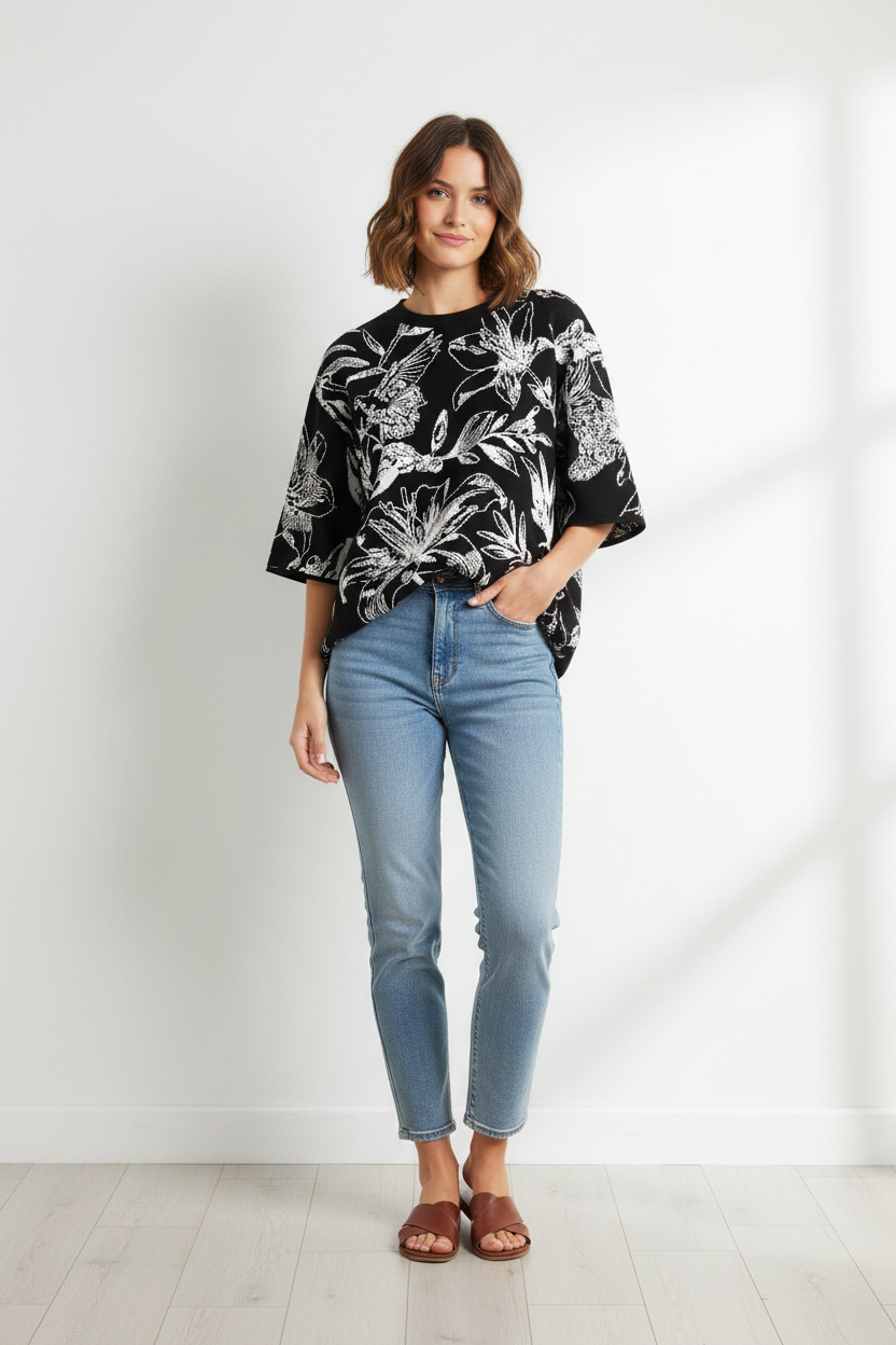 Young woman wearing black short-sleeved knit sweater with white dove and floral pattern with cropped faded jeans and flat leather slides.