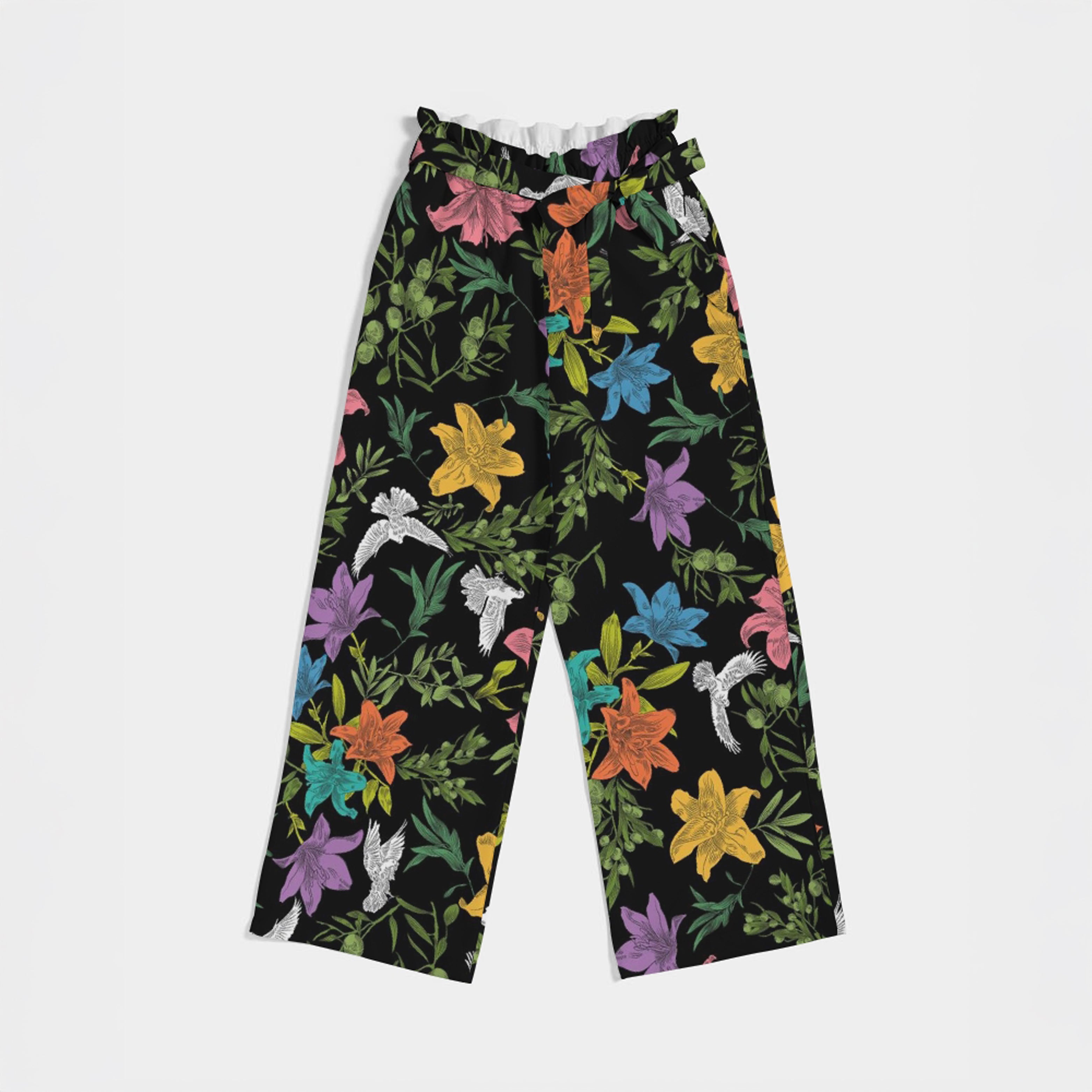 Floral-patterned pants laying flat on a white background