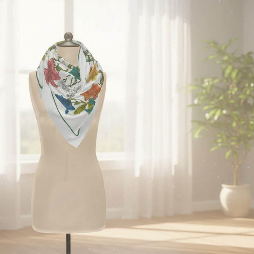 Colorful floral and dove scarf on a mannequin with a soft, blurred background
