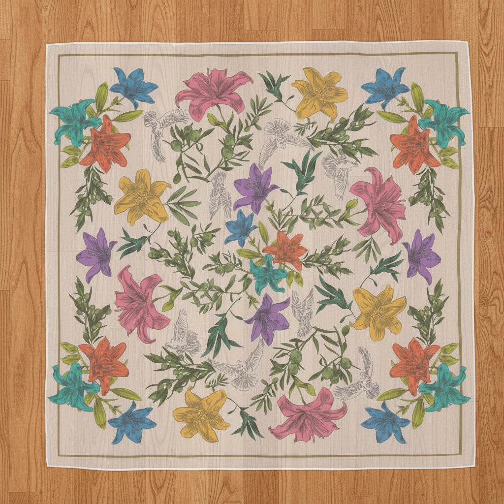 Colorful floral and dove pattern translucent scarf on a wood floor
