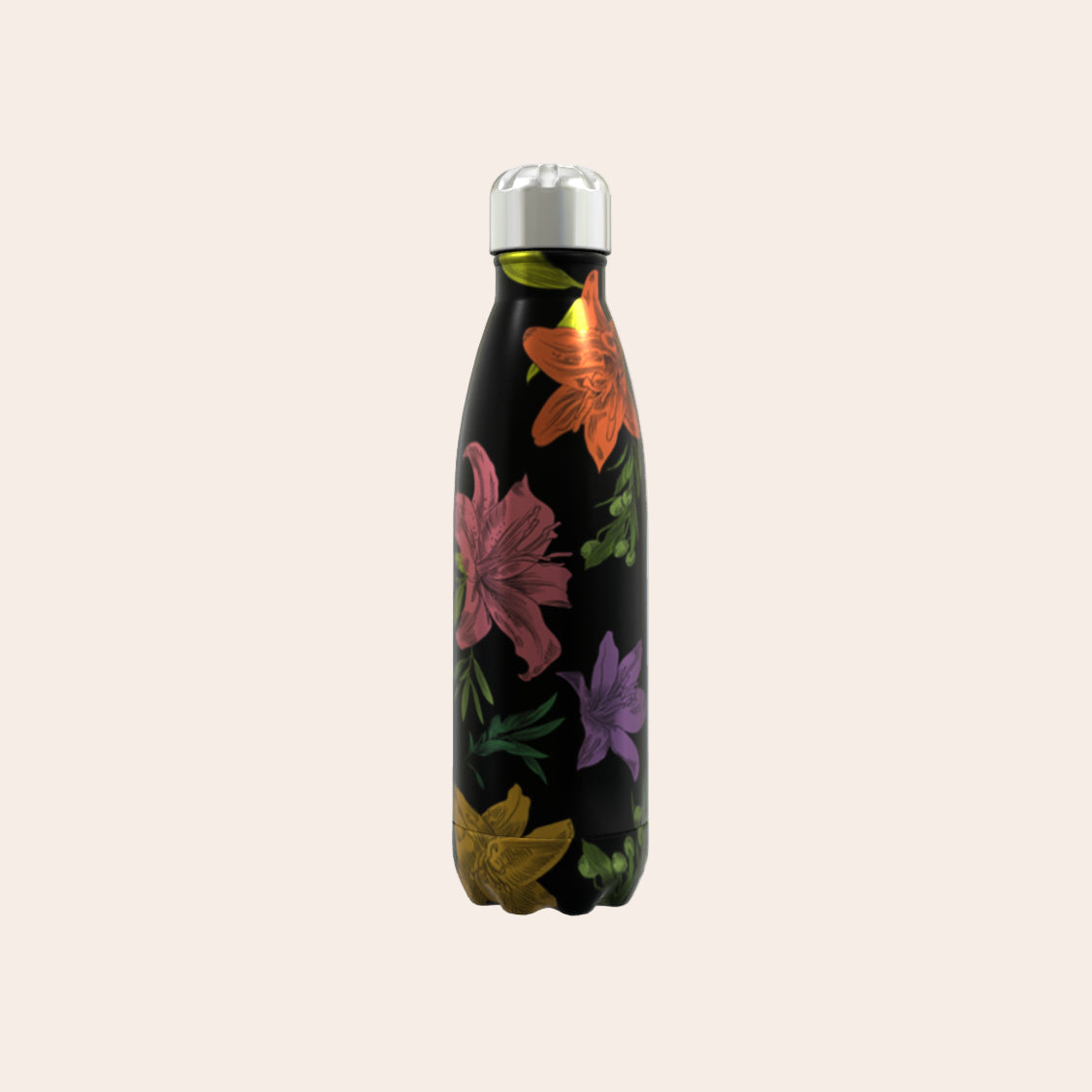 Floral-patterned water bottle on a white background