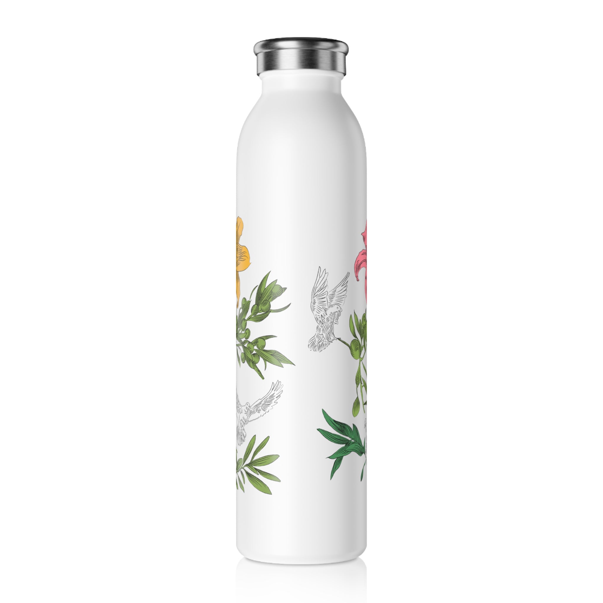 Back of white water bottle with floral and dove design on a white background