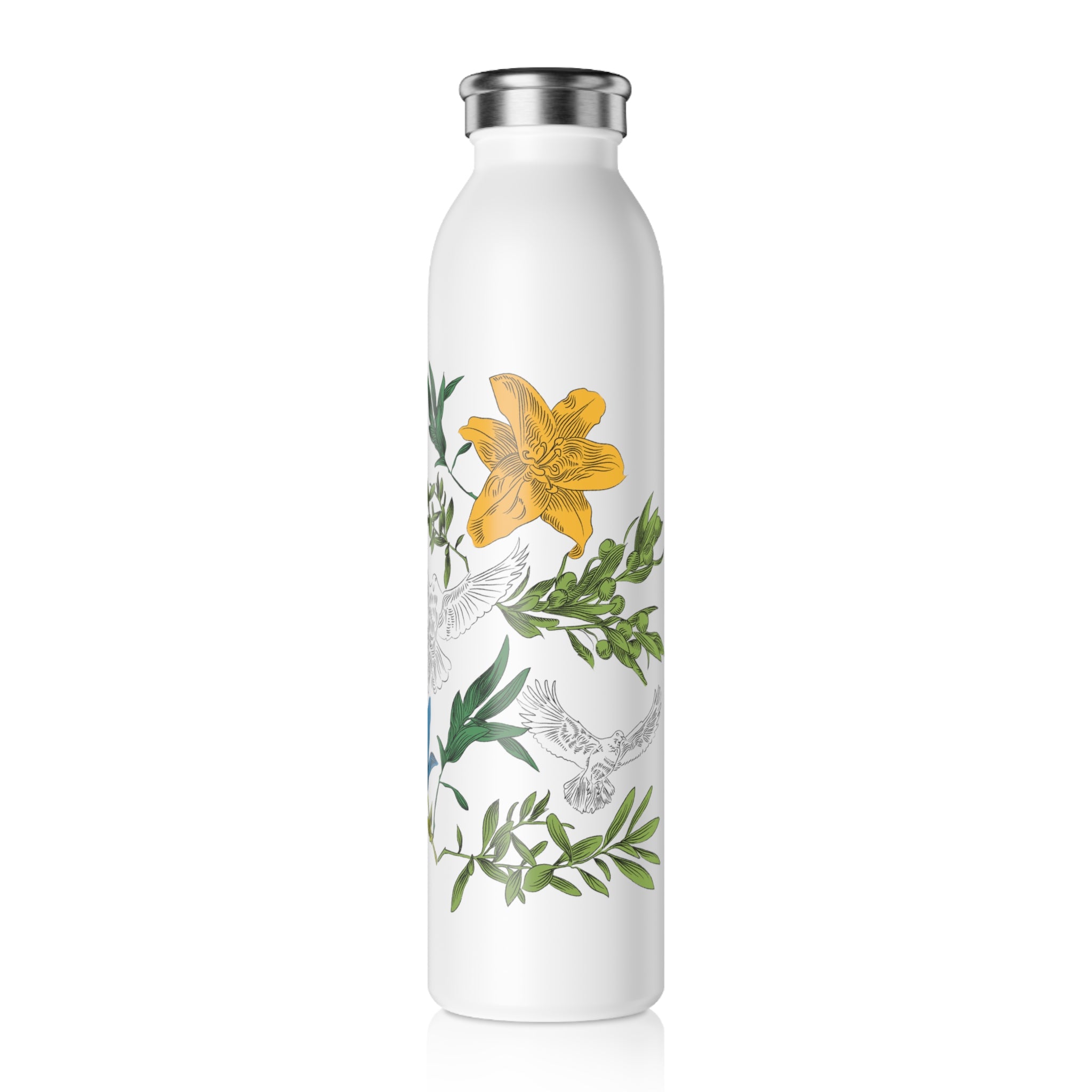 Left side of white water bottle with floral  and dove design on a white background