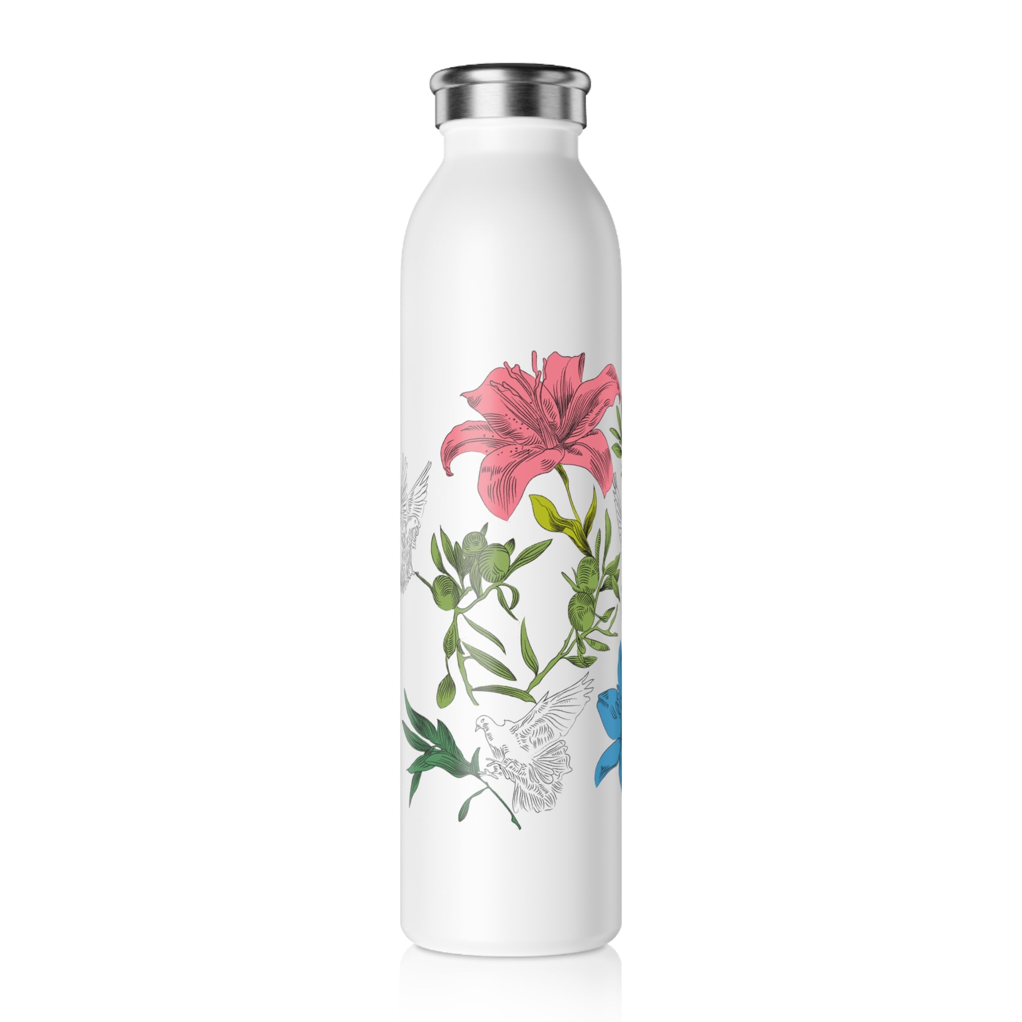 White water bottle with floral and dove design on a white background