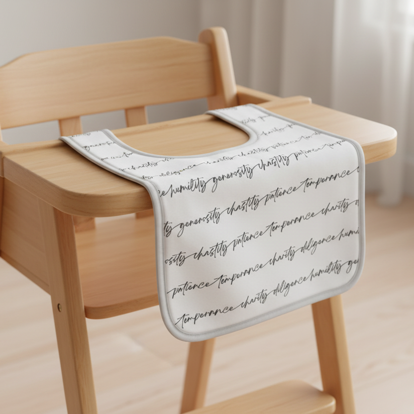 Baby bib draped on tray of high chair in neutral womb