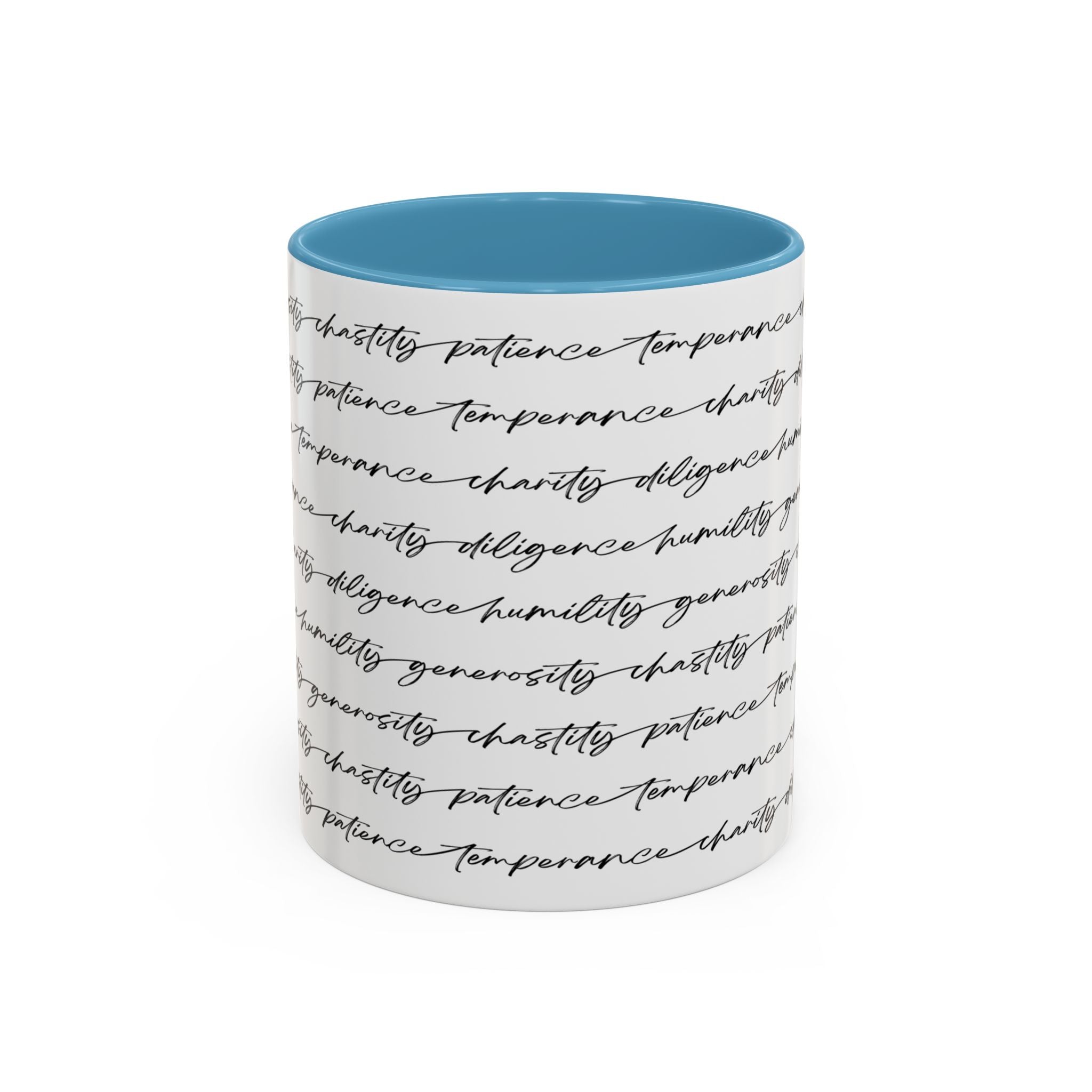 White mug with the seven virtues scripted along the outside, showing blue interior and handle on a white background.