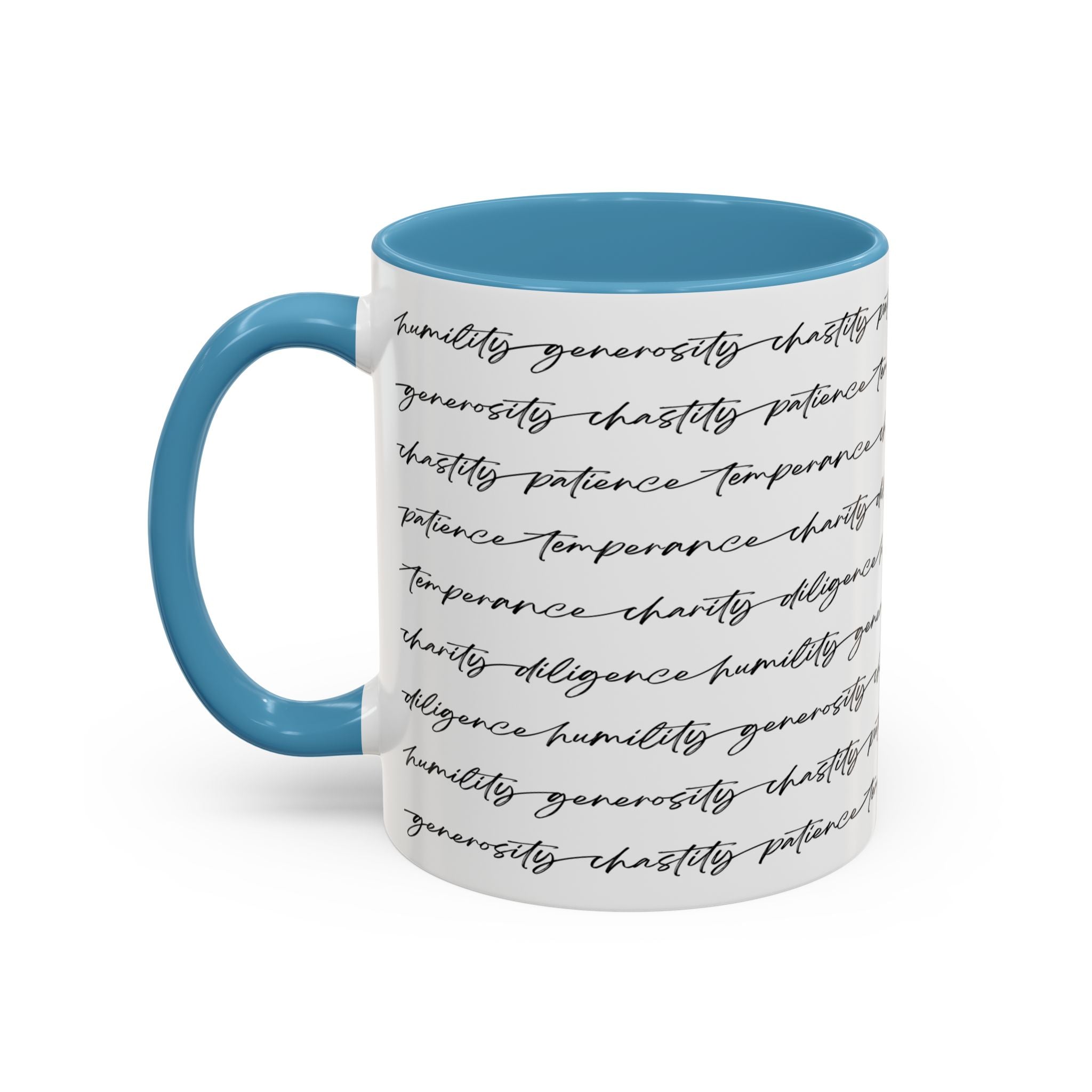 White mug with the seven virtues scripted along the outside, with blue interior and handle on a white background