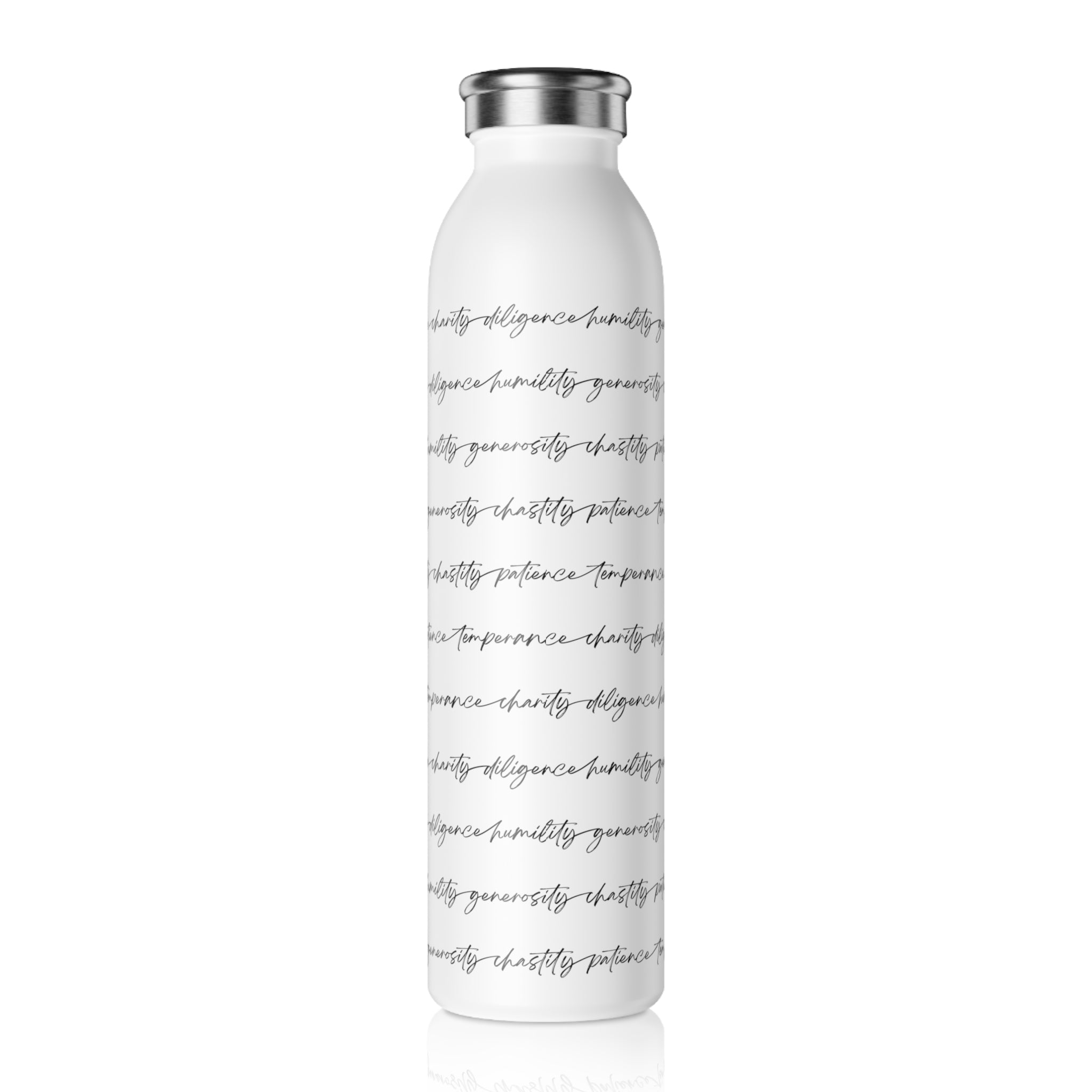 Back side of white water bottle with black text on a white background