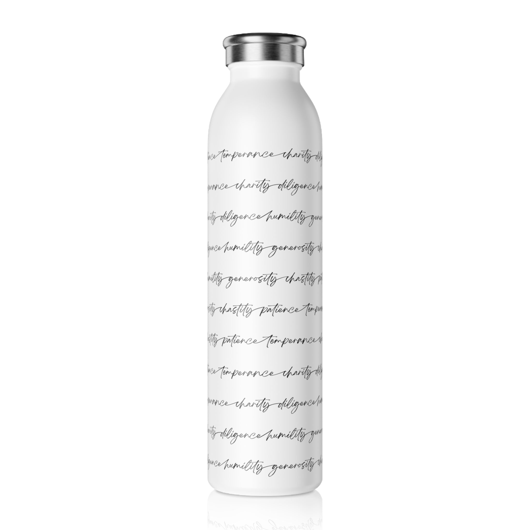 Right side of white water bottle with black text on a white background