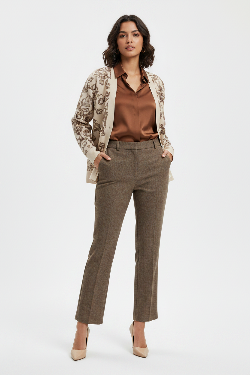 Young woman wearing beige cardigan with brown knitted floral pattern, brown satin shirt, herringbone dress pants, and beige pumps. Christian sweater