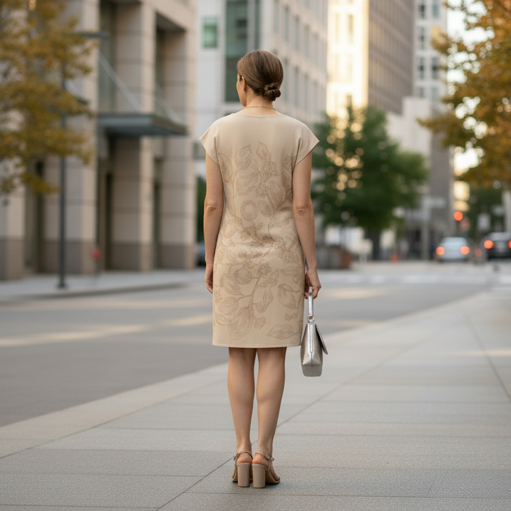 Back of middle-aged woman wearing cotton beige sheath dress with brown floral and leaf pattern, beige heels, metallic handbag, and gold necklace, in an urban setting.