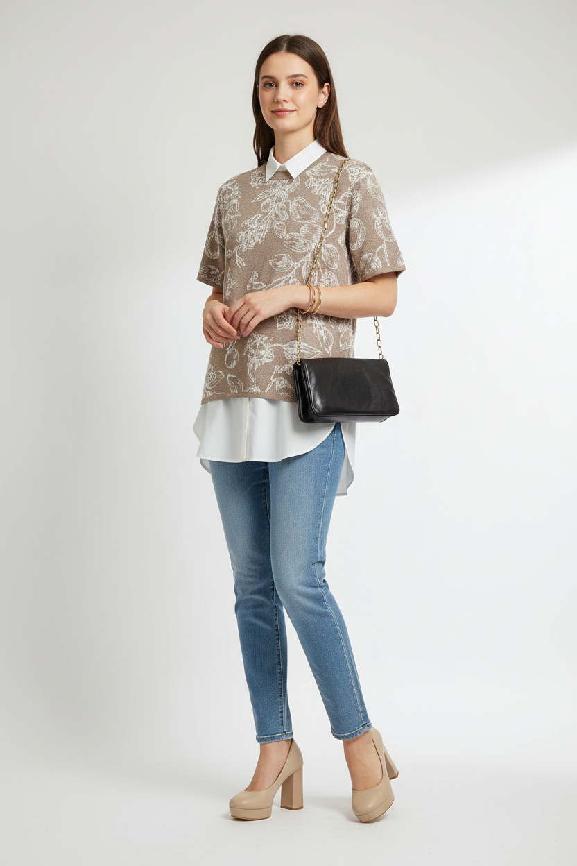 Young woman wearing a floral-patterned beige short-sleeved sweater with a brown handbag on a light gray background