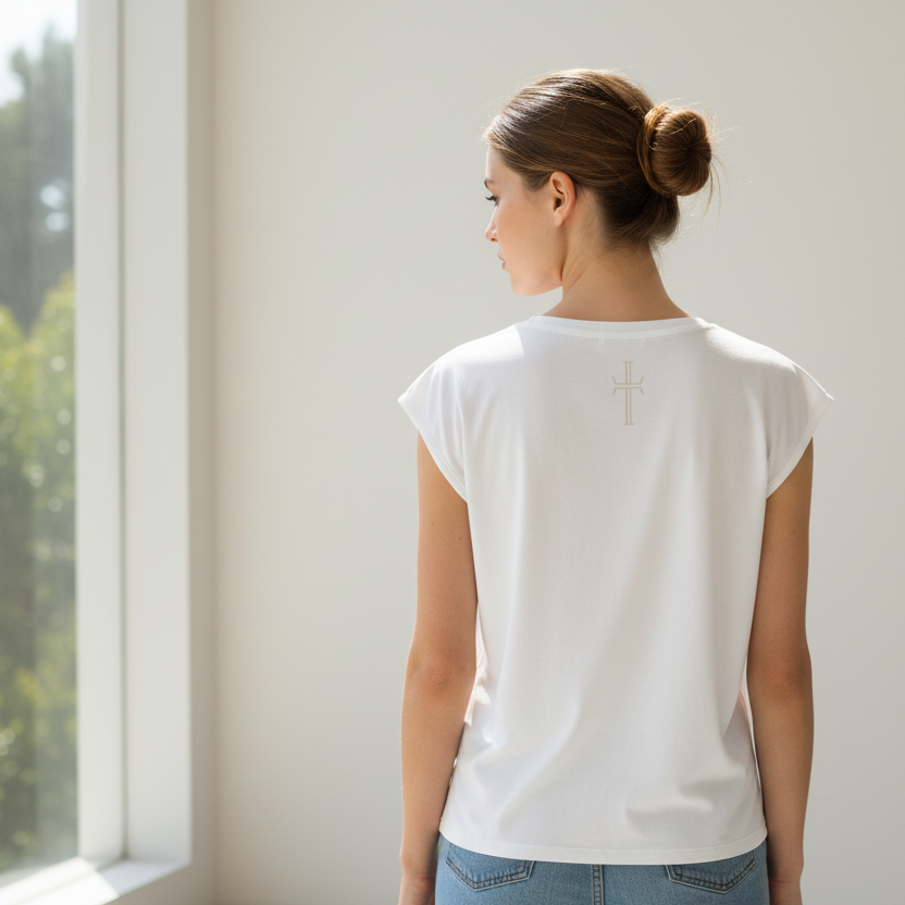 Back woman wearing a white cap-sleeved t-shirt with a beige cross on the top center.
