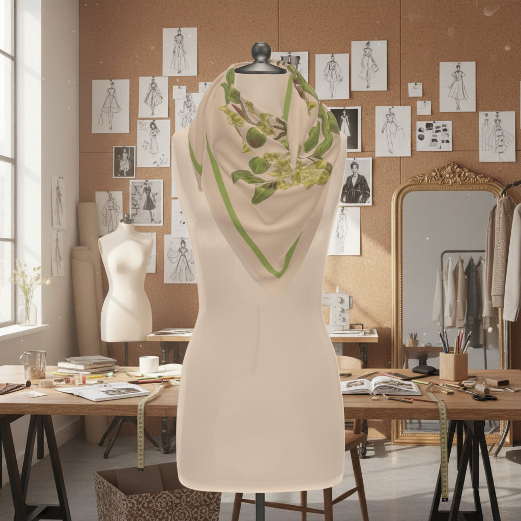 Beige scarf with Christian floral pattern draped over a mannequin form in a fashion studio.