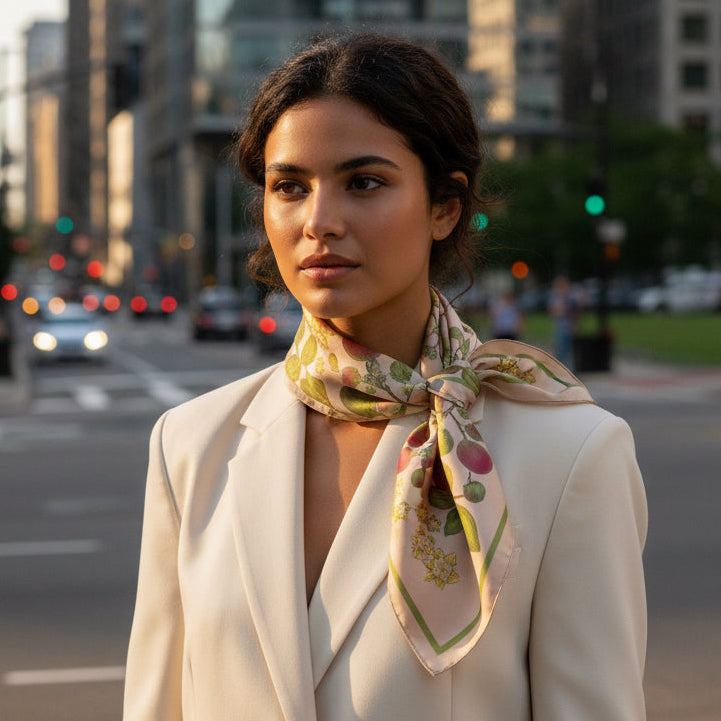 A square scarf featuring a botanical illustration of green leaves, red berries, and yellow flowers on a beige background with a green border.