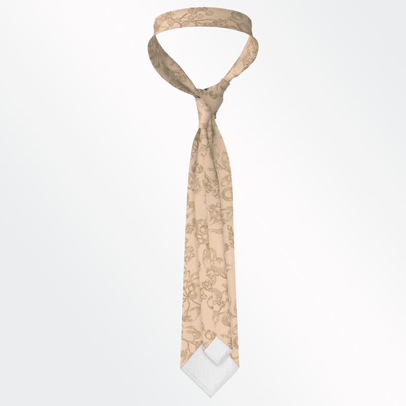 Back view of a standard-sized, knotted neck tie in beige, with dark brown all-over plant print, displayed against a white background.