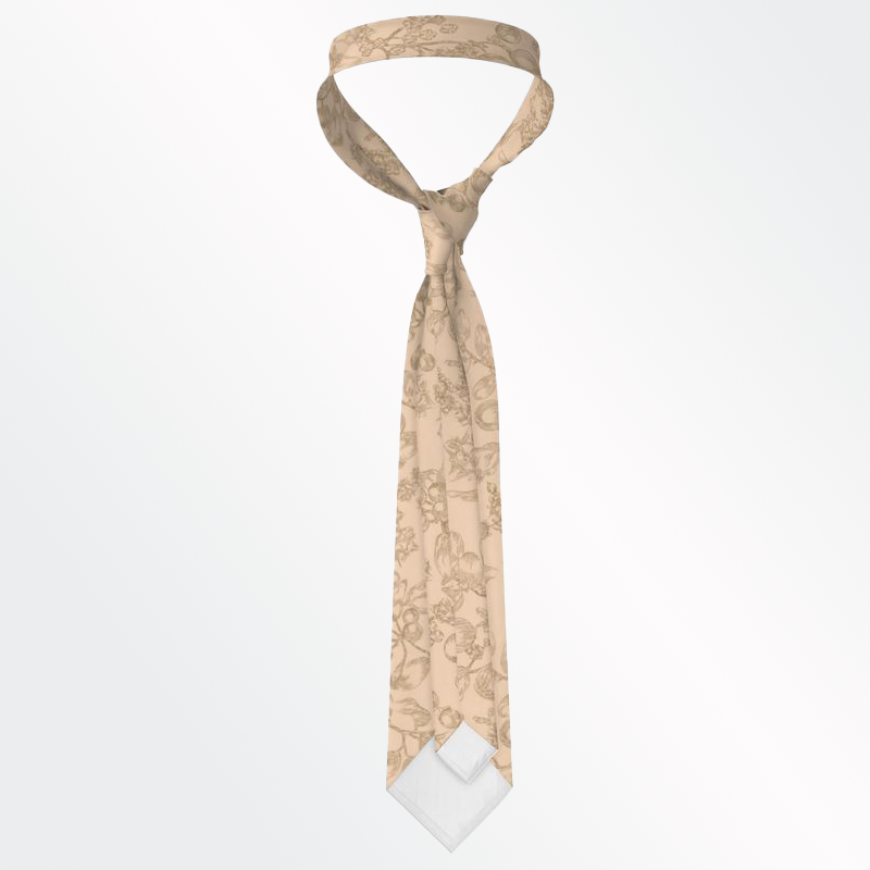 Back view of a Christian themed, standard-sized, knotted neck tie in beige, with dark brown all-over plant print, displayed against a white background.