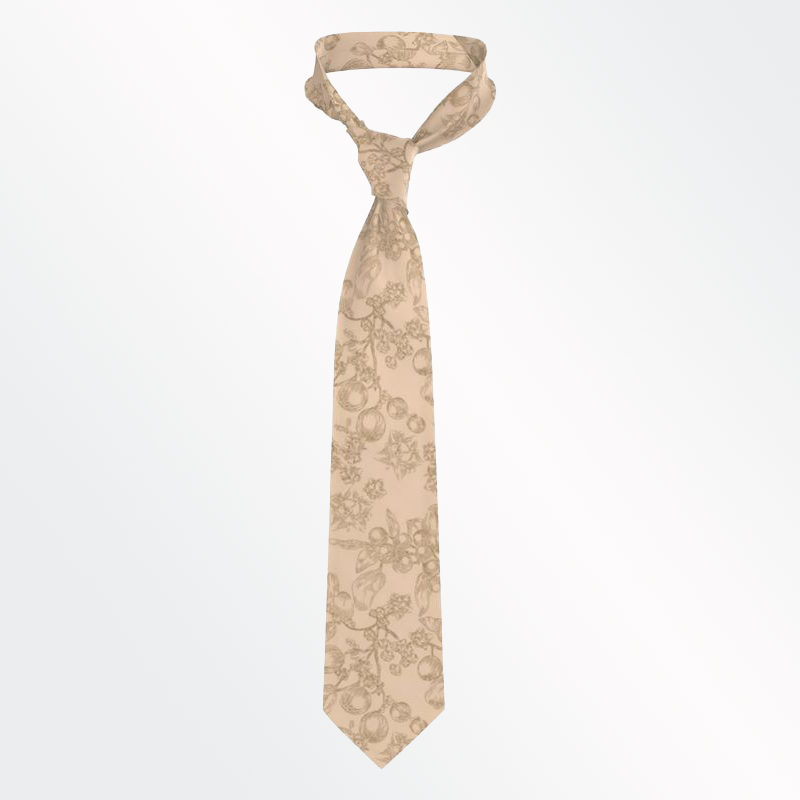 Front view of a standard-sized, knotted neck tie in beige, with dark brown all-over plant print, displayed against a white background.