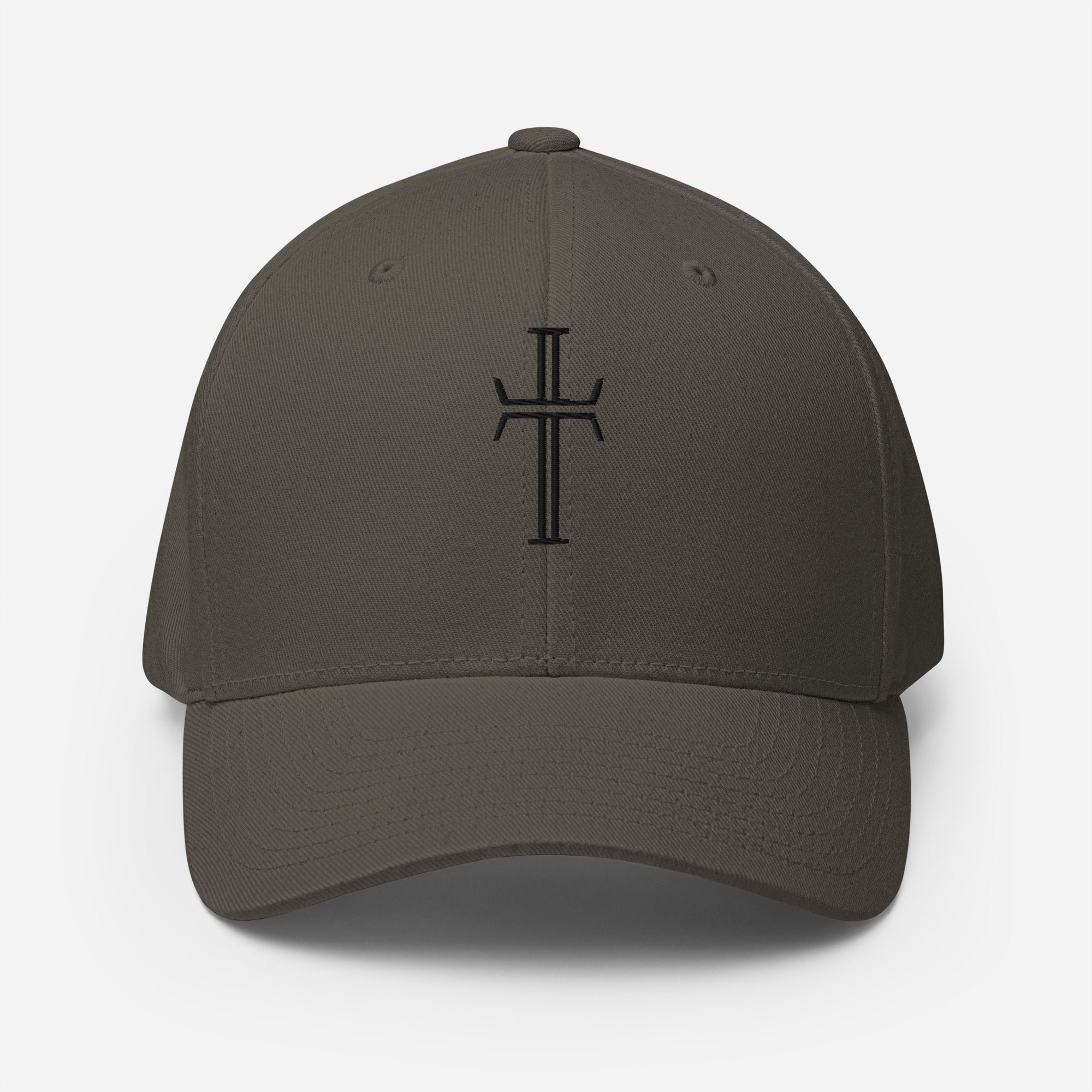 Front view of a dark gray-colored, 6-panel baseball cap displaying the Purpose cross logo in black embroidery at the center front.