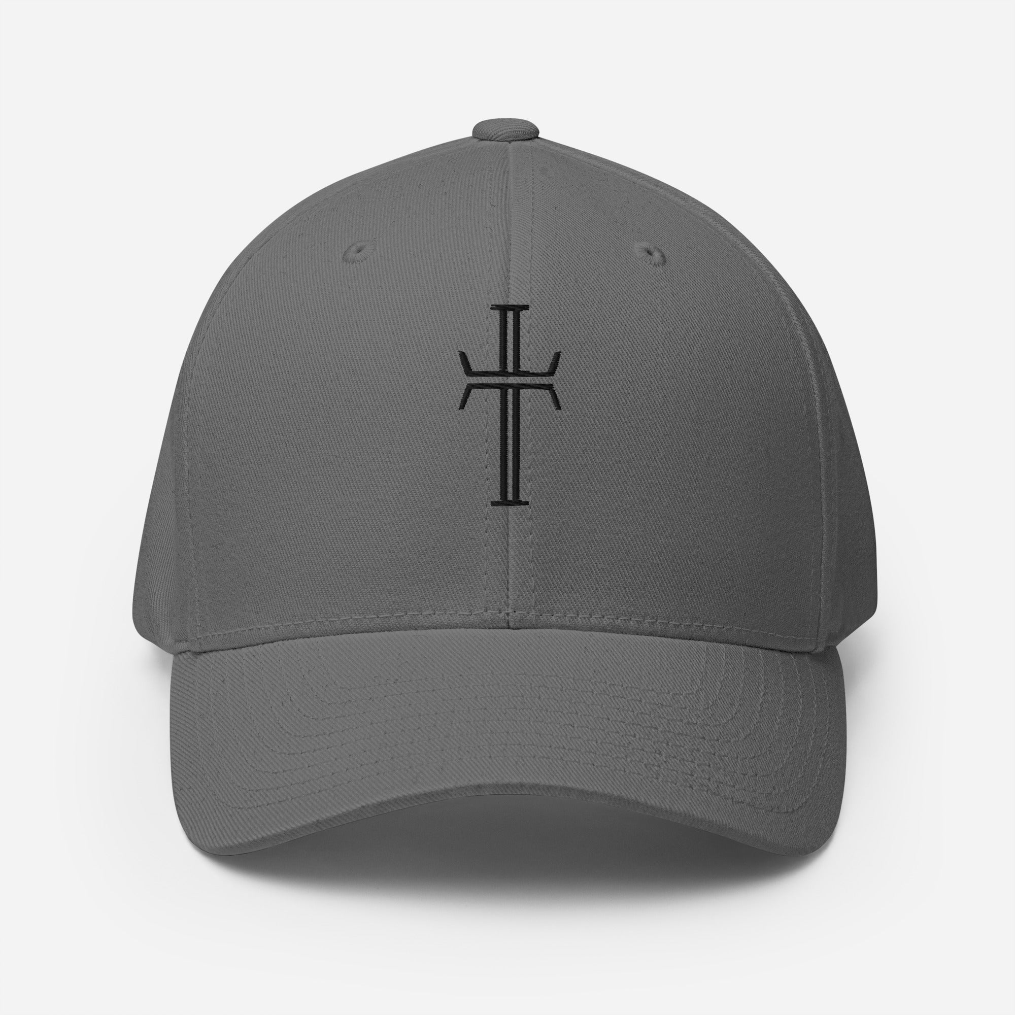 Front view of a light gray-colored, 6-panel baseball cap displaying the Purpose cross logo in black embroidery at the center front.