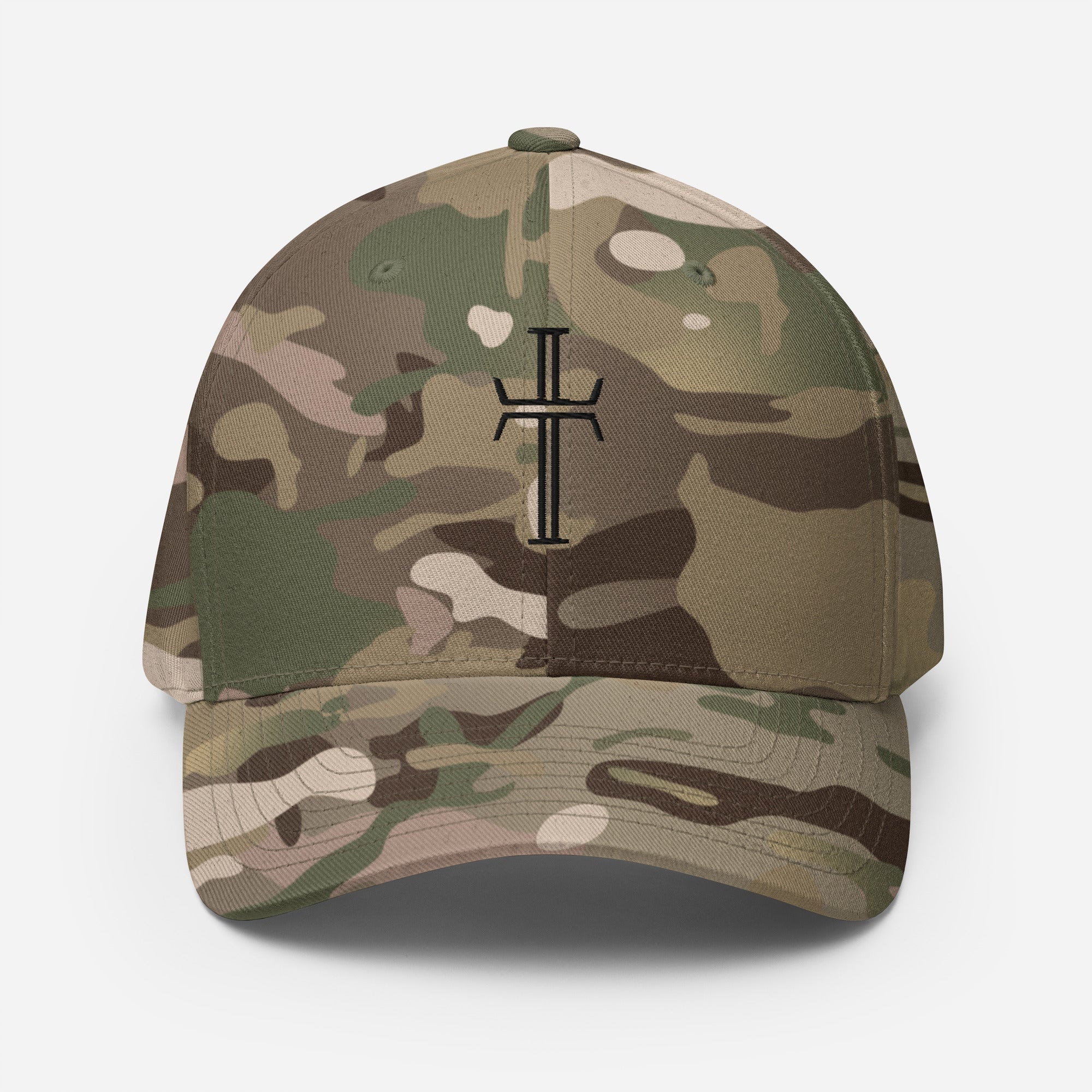 Front view of a camo-patterned, 6-panel baseball cap displaying the Purpose cross logo in black embroidery at the center front.