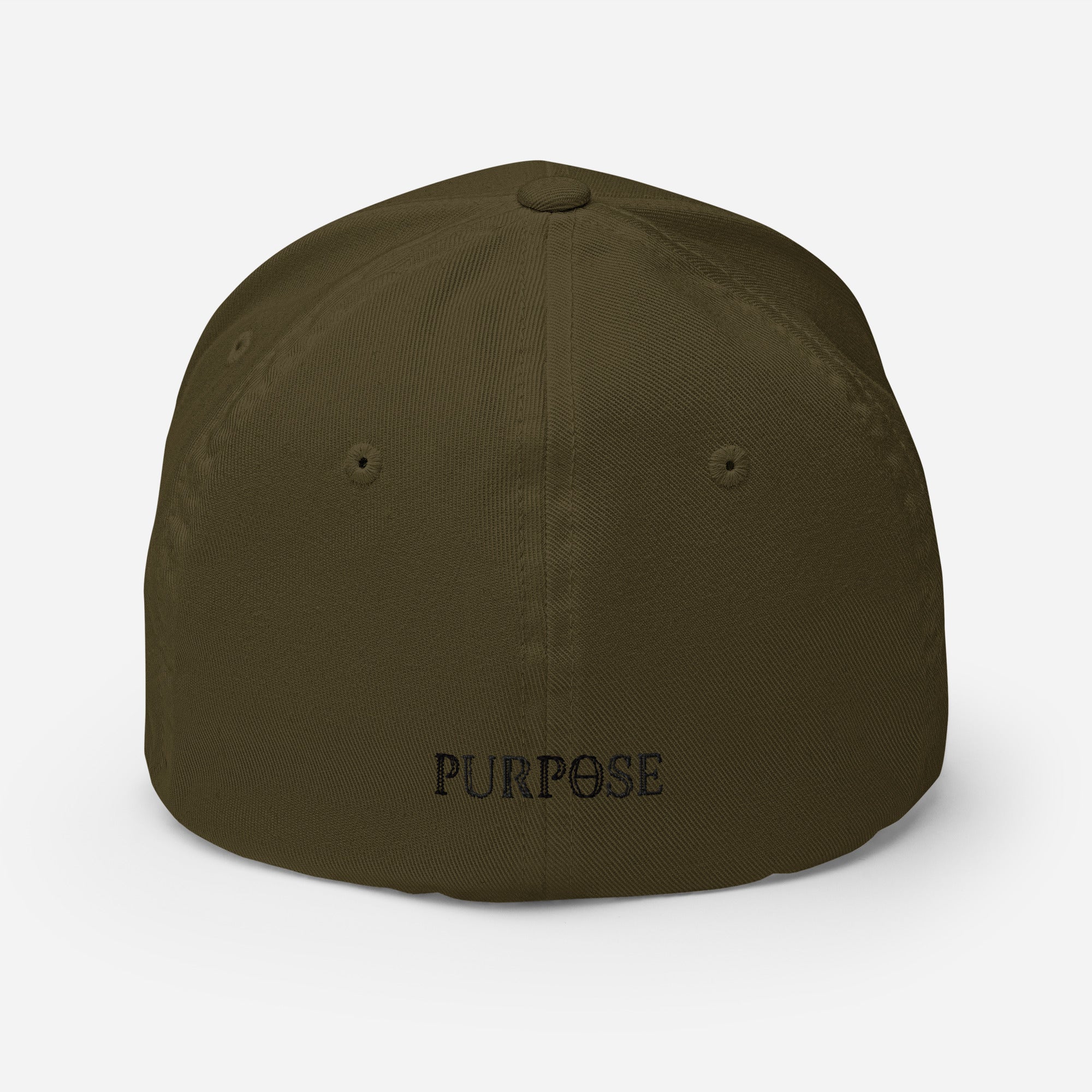 Back view of an olive, 6-panel baseball cap displaying the Purpose worded logo embroidered at the back center.