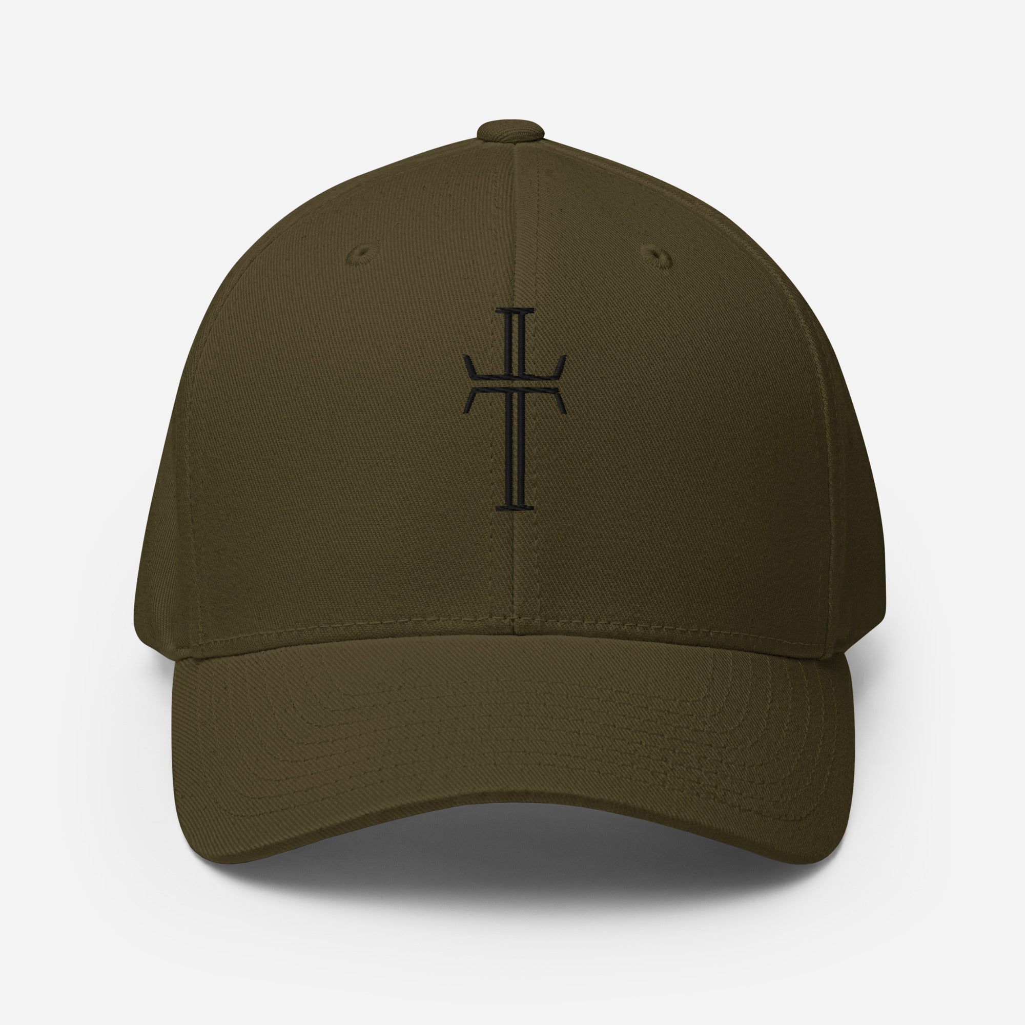 Back view of an olive, 6-panel baseball cap displaying the Purpose cross logo in black embroidery at the center front.