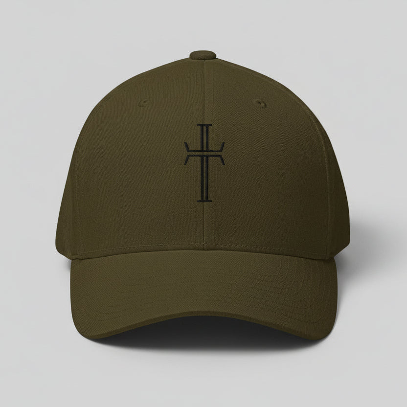 Back view of an olive, 6-panel baseball cap displaying the Purpose cross logo in black embroidery at the center front.