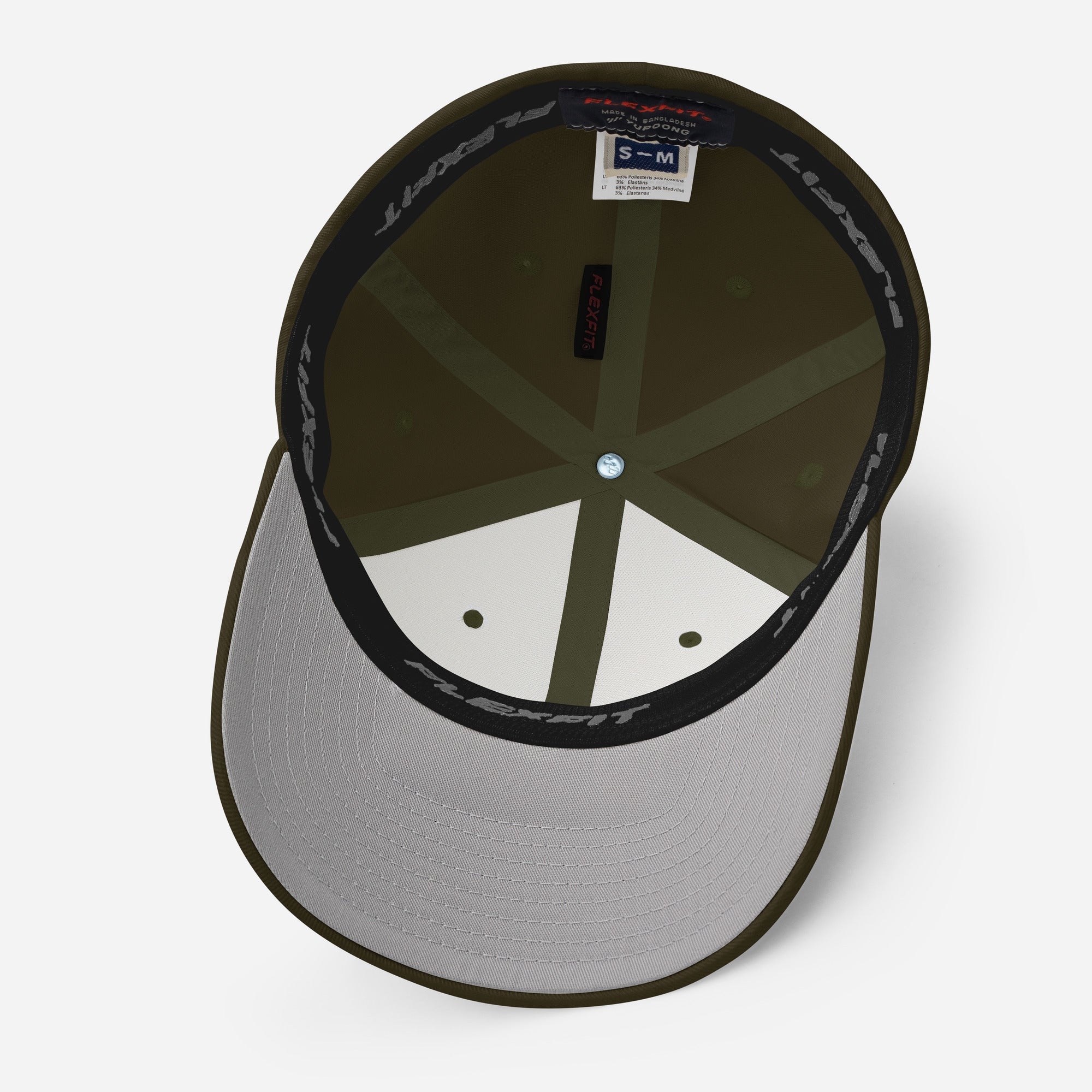 The inside view of an olive green, 6-panel baseball cap showing a silver under-bill, reinforced front panel, taped seams, and elastic inner band around the crown for a snug fit.